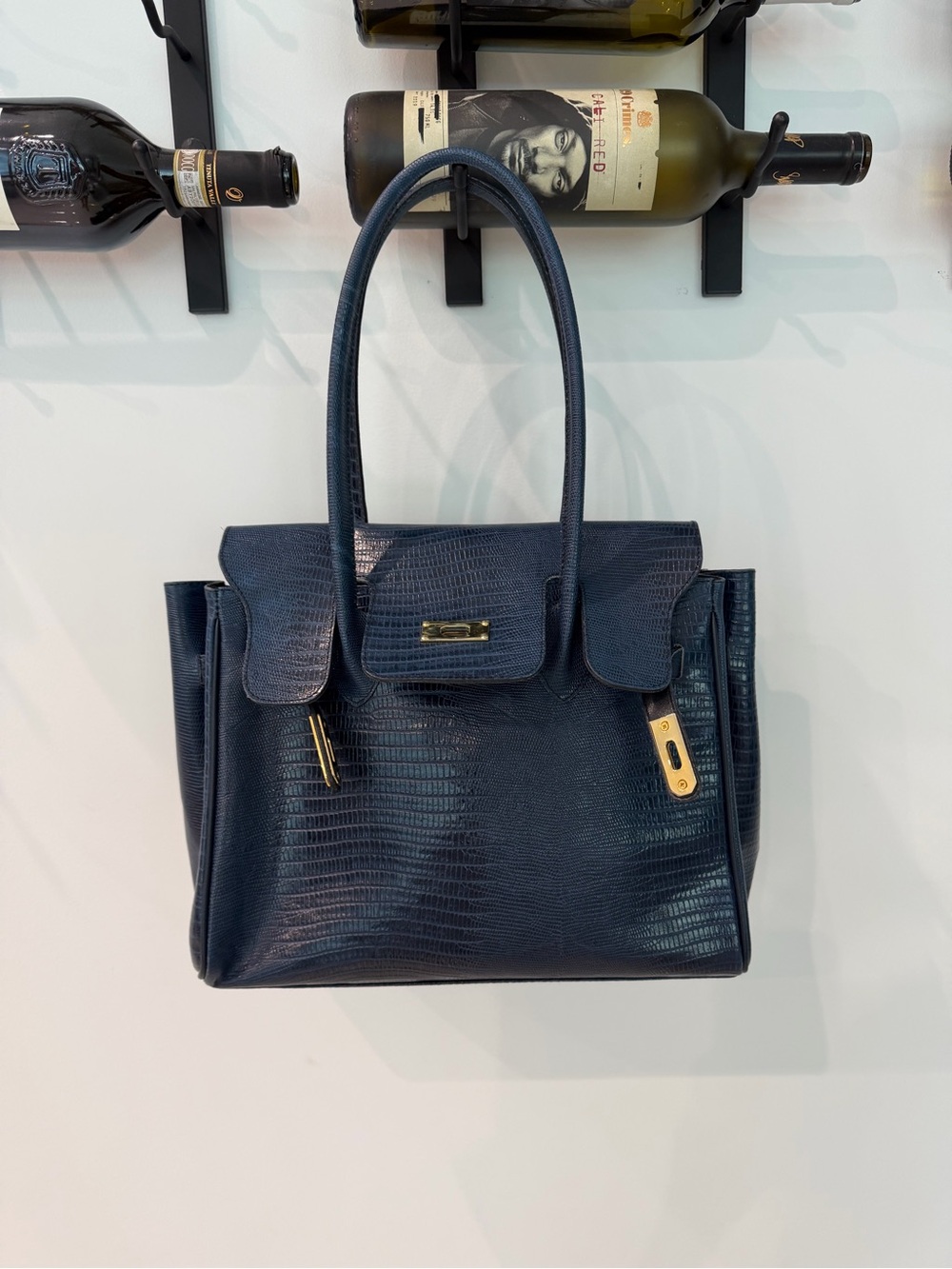 Vintage Navy Croc-Embossed Satchel with Gold Accents